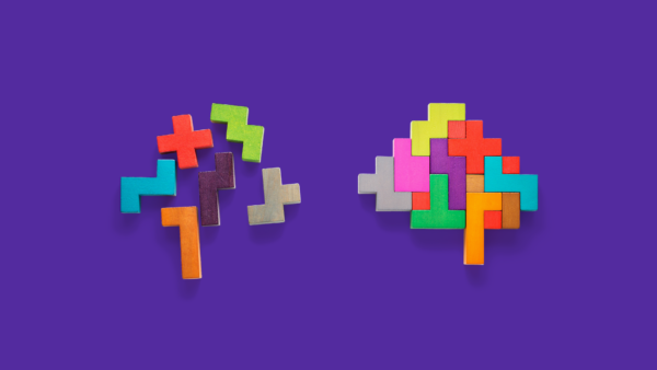 Two images of brains made of puzzle pieces symbolize ADHD facts and ADHD myths
