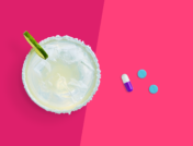 An image of a margarita and pills represents the combination of Adderall and alcohol