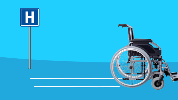 A wheelchair represents discharged from the hospital
