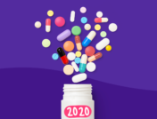 A bottle spilling out pills represents new drugs in 2020