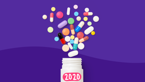 A bottle spilling out pills represents new drugs in 2020