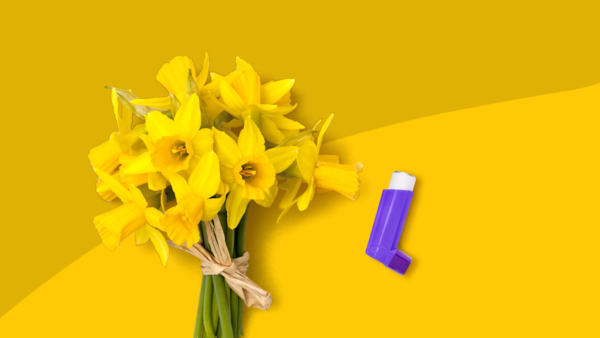 A bouquet of flowers and an inhaler represent asthma attack triggers