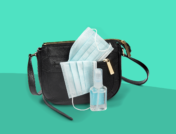 A purse with masks and hand sanitizer represent preparing for coronavirus