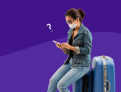 A woman wearing a mask with a suitcase represents coronavirus travel