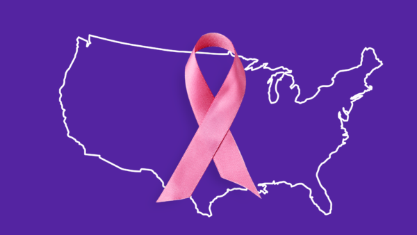 A pink ribbon represents breast cancer treatment cost in the U.S.