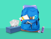 A backpack and inhaler represent an asthma action plan at school