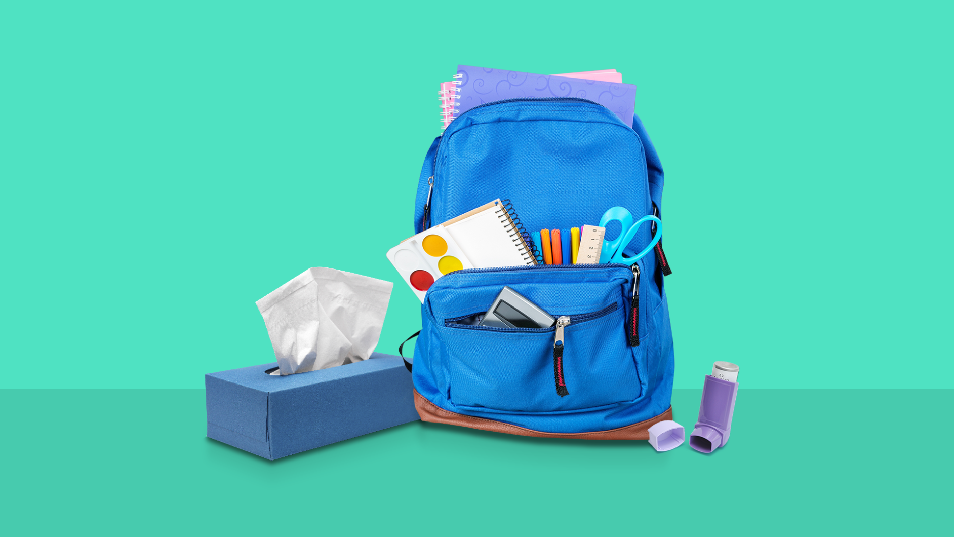 A backpack and inhaler represent an asthma action plan at school