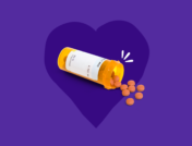 Pills inside a heart represent blood thinners for AFib