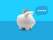 A piggy bank with a conversation bubble represents SingleCare reviews