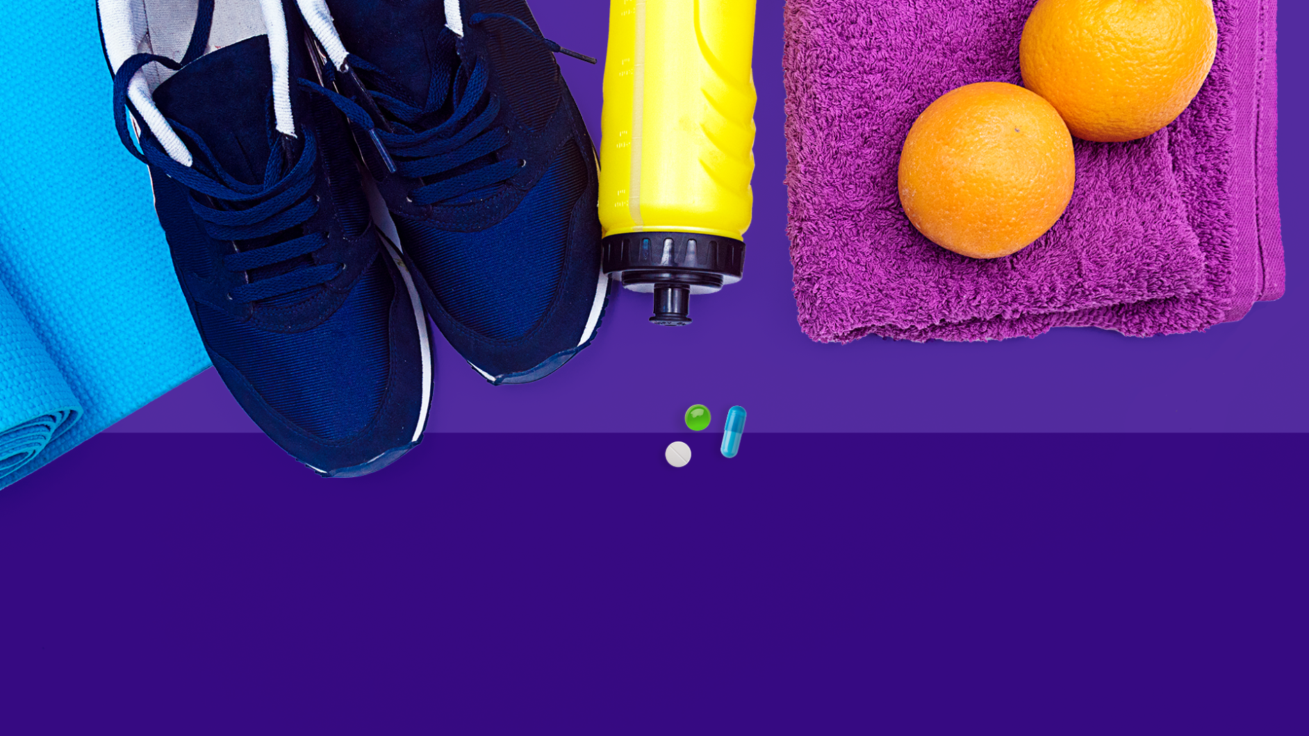 yoga mat, tennis shoes, apple - Taking medications is self-care