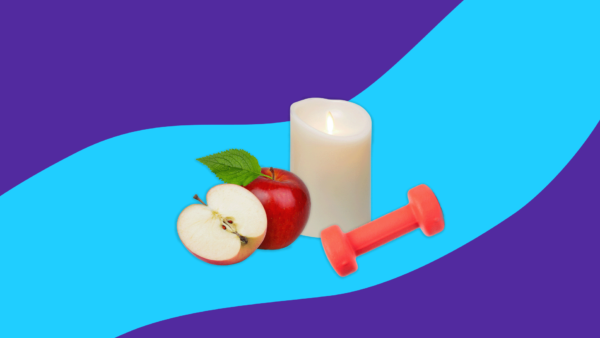An apple, candle, and weight represent ways to manage pharmacist stress
