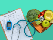 A clipboard and veggies represent living with diabetes