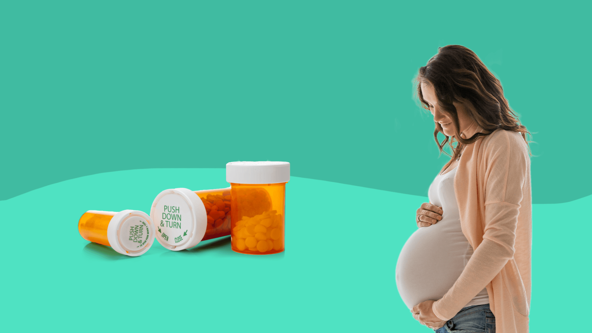A woman and Rx bottles represent antibiotics during pregnancy