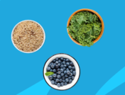 An image of foods for arthritis (blueberries, whole grains, and greens)