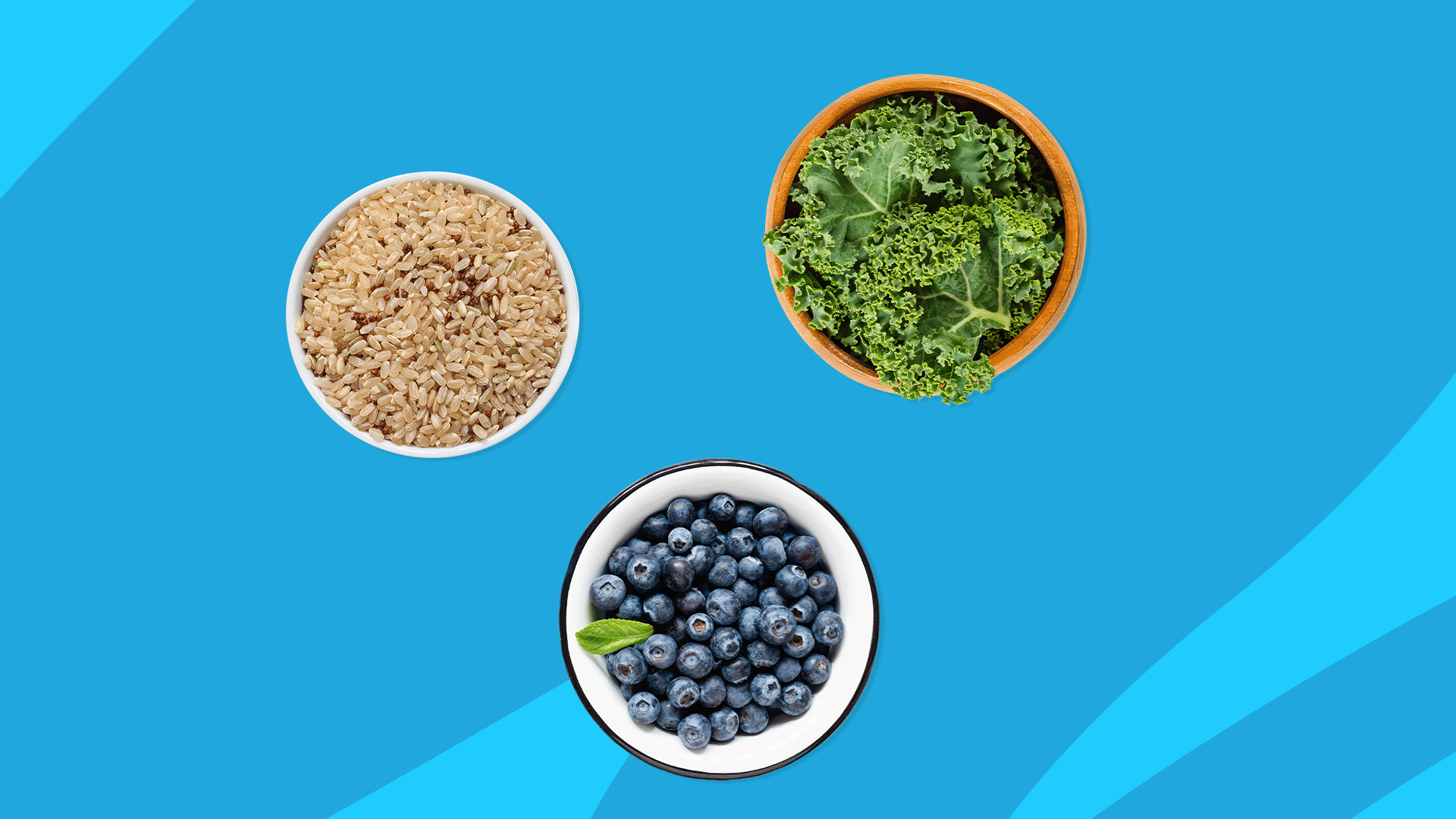 An image of foods for arthritis (blueberries, whole grains, and greens)