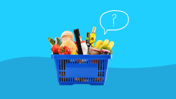 A basket of food with a question mark represents the best diet for common health condition