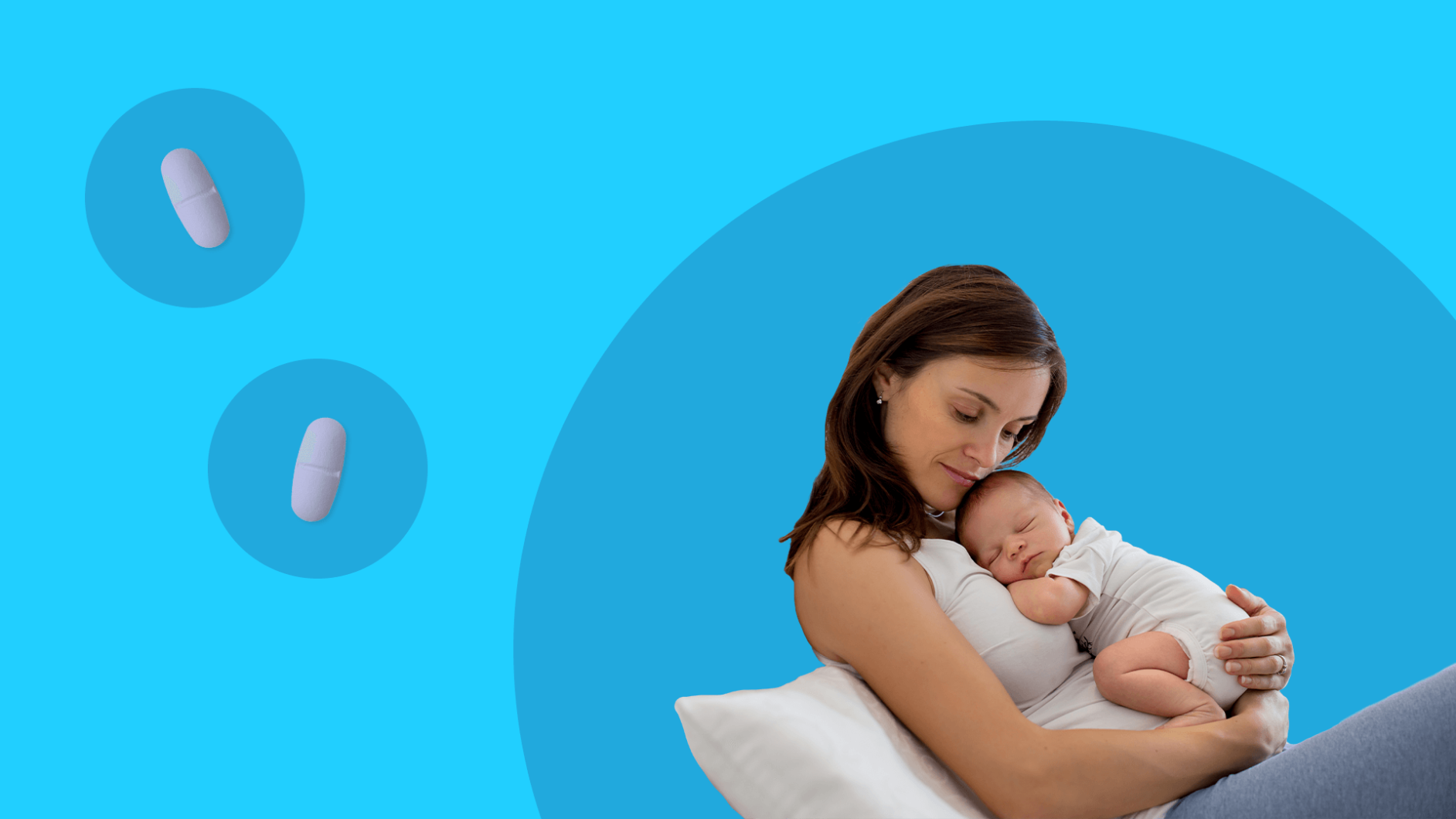 A woman with a baby and pills represents taking Zoloft while breastfeeding