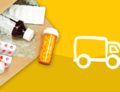 Mail order prescriptions in package with delivery truck