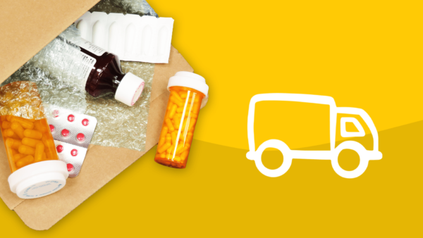 Mail order prescriptions in package with delivery truck