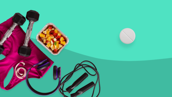 Workout gear and a pill represent Xanax and exercise