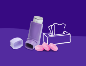 An inhaler and box of tissues represent viral induced asthma flare