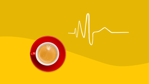 A cup of coffee and an EKG represent what causes heart palpitations