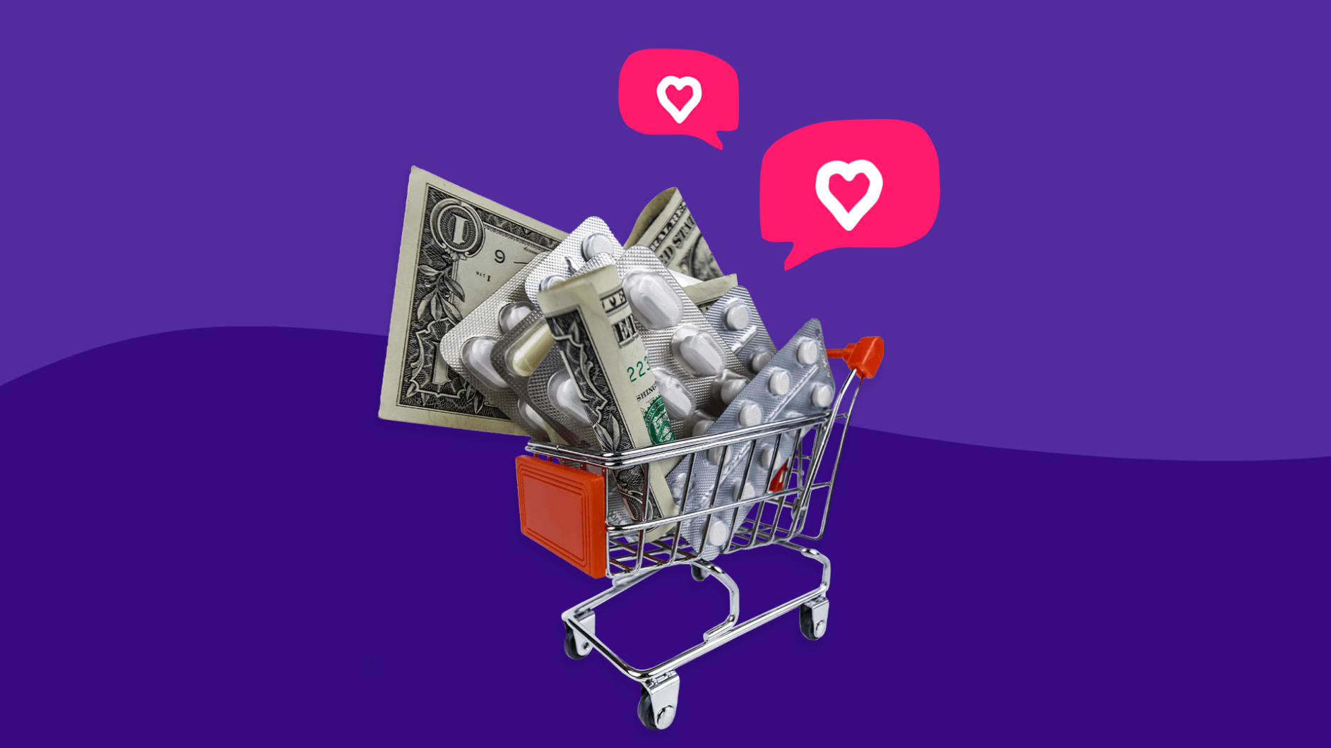 A shopping cart with money represents SingleCare reviews