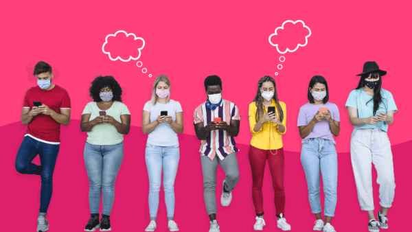 A group of young adults with phones represent teen mental health