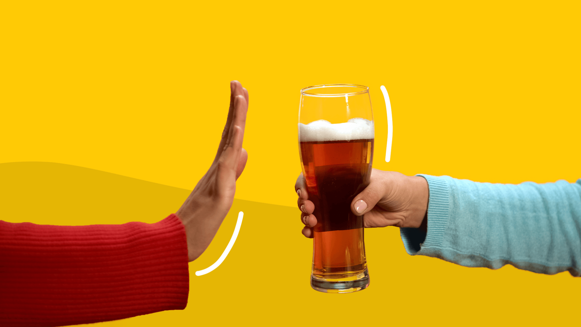 A hand saying no to a beer represents alcohol and coronavirus