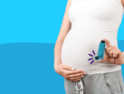 A pregnant woman with an inhaler represent asthma during pregnancy