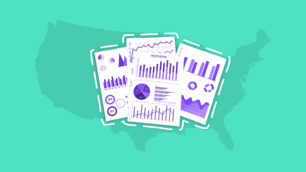 Map of America with charts and graphs: 2021 telehealth survey