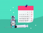 A vaccine and a calendar represent how to get a COVID vaccine