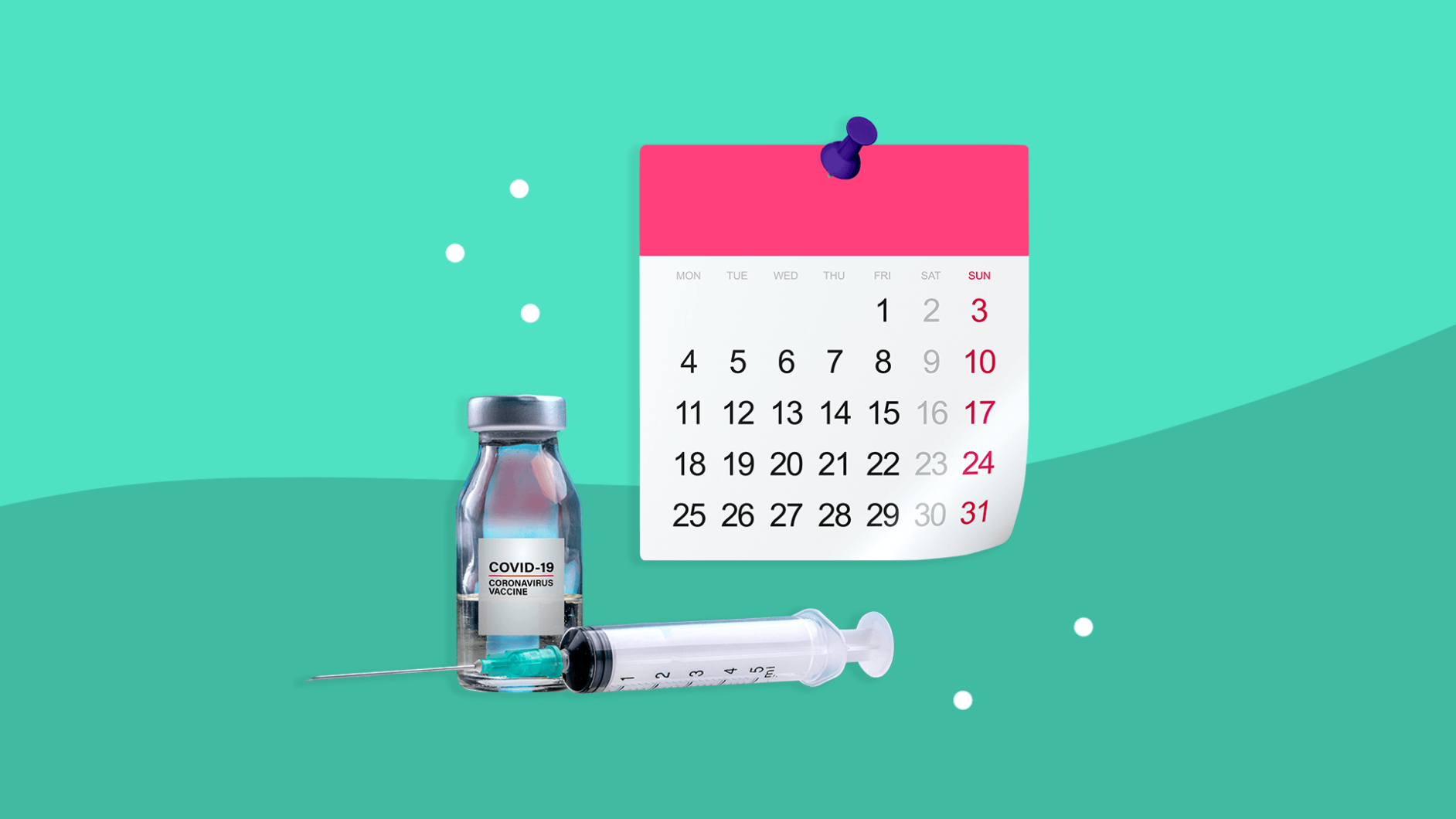 A vaccine and a calendar represent how to get a COVID vaccine