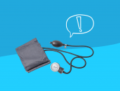 A blood pressure cuff and exclamation point. Can anxiety cause high blood pressure?