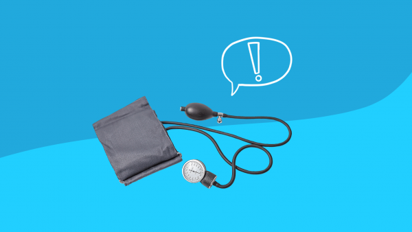 A blood pressure cuff and exclamation point. Can anxiety cause high blood pressure?