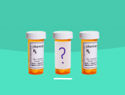 Three prescription pill bottles with a question mark: What are the side effects of ciprofloxacin?
