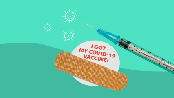 A vaccine with a bandaid represetns Headache after COVID vaccine