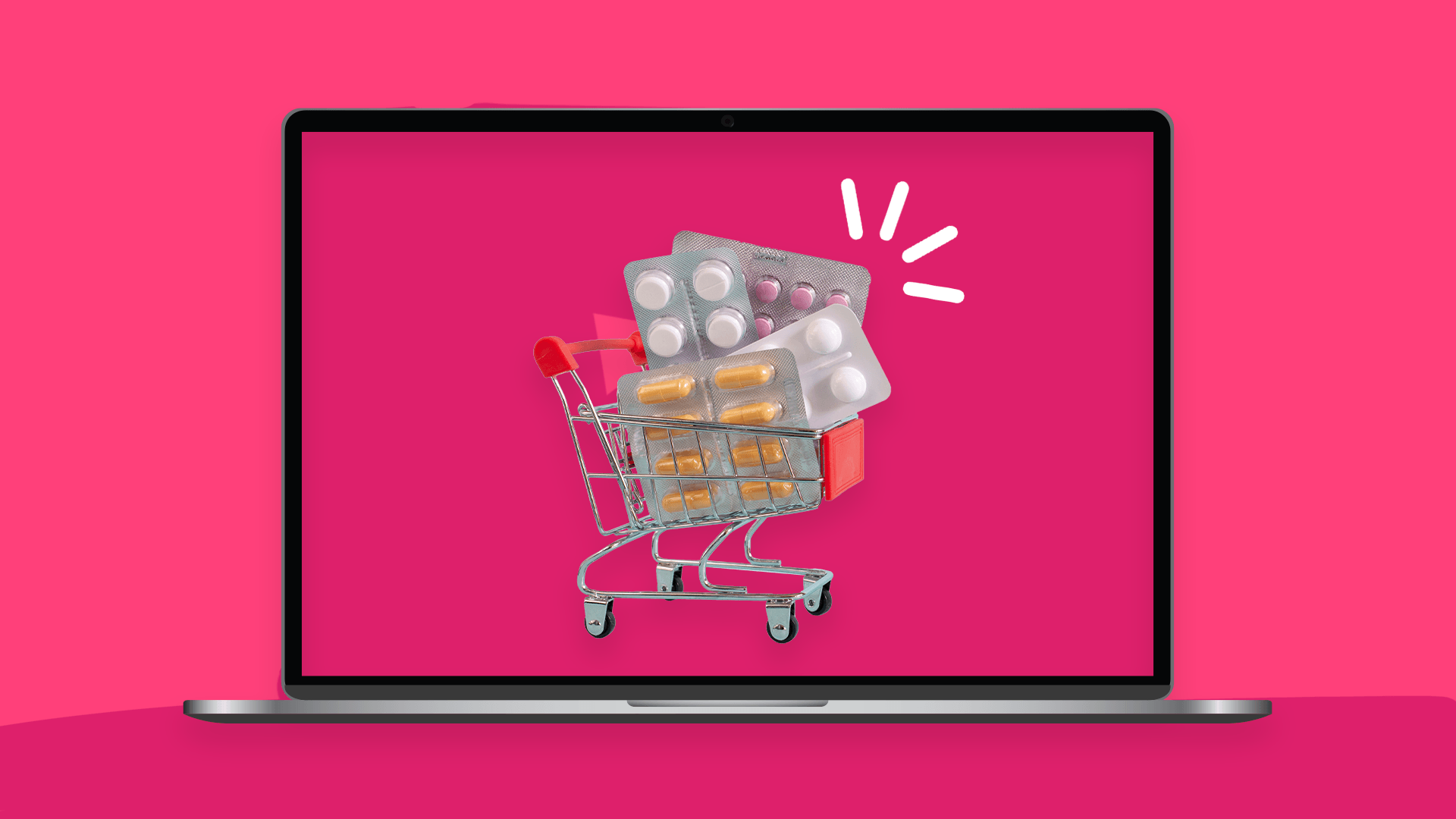 A cart full of medication represents prescriptions online