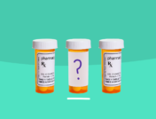 Three prescription pill bottles with a question mark: Common vs. serious Brilinta side effects