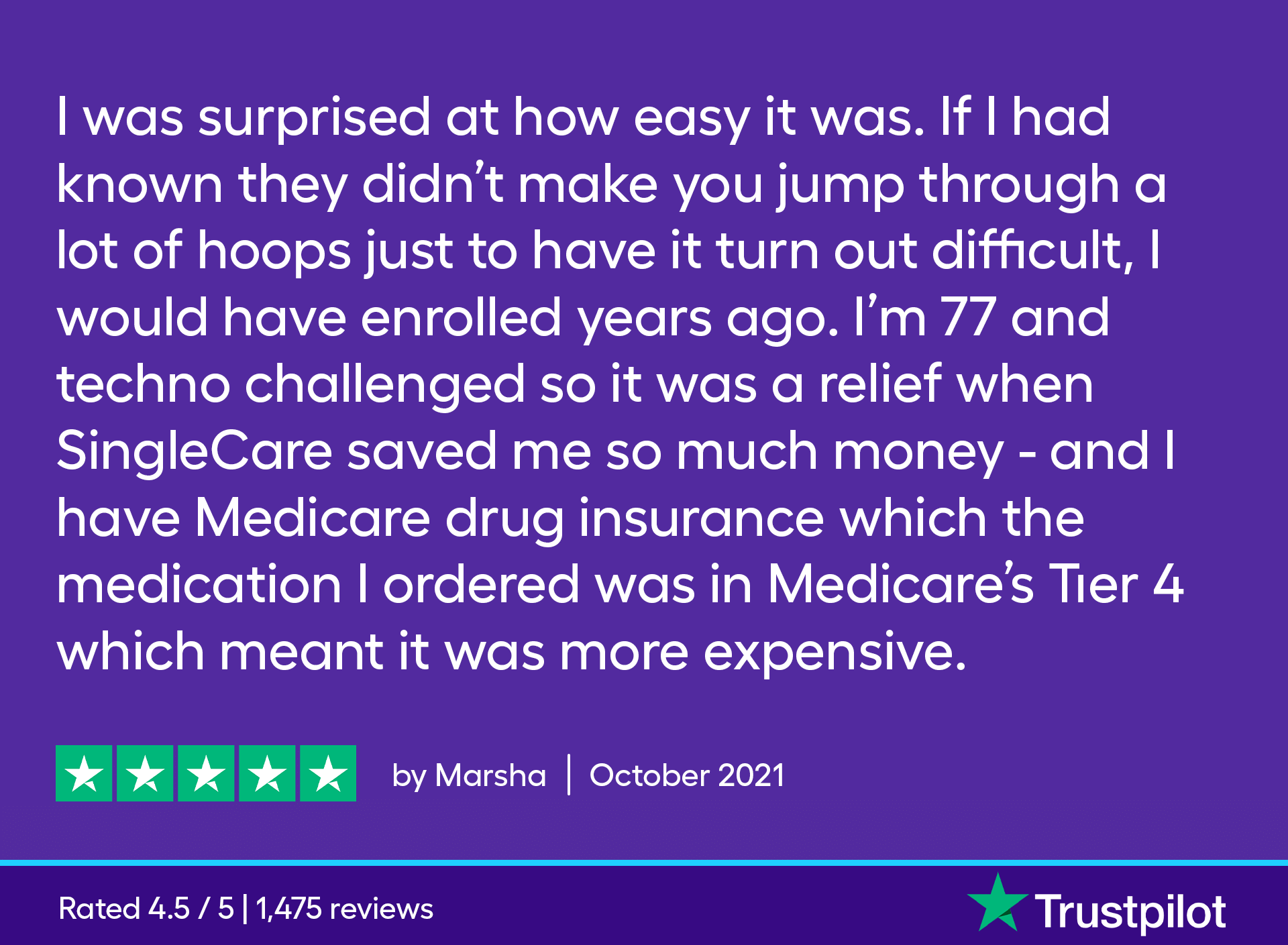 I was surprised at how easy it was. If I had known they didn't make you jump through a lot of hoops just to have it turn out difficult, I would have enrolled years ago. I'm 77 and techno challenged so it was a relief when SingleCare saved me so much money - and I have Medicare drug insurance which the medication I ordered was in Medicare's Tier 4 which meant it was more expensive.
