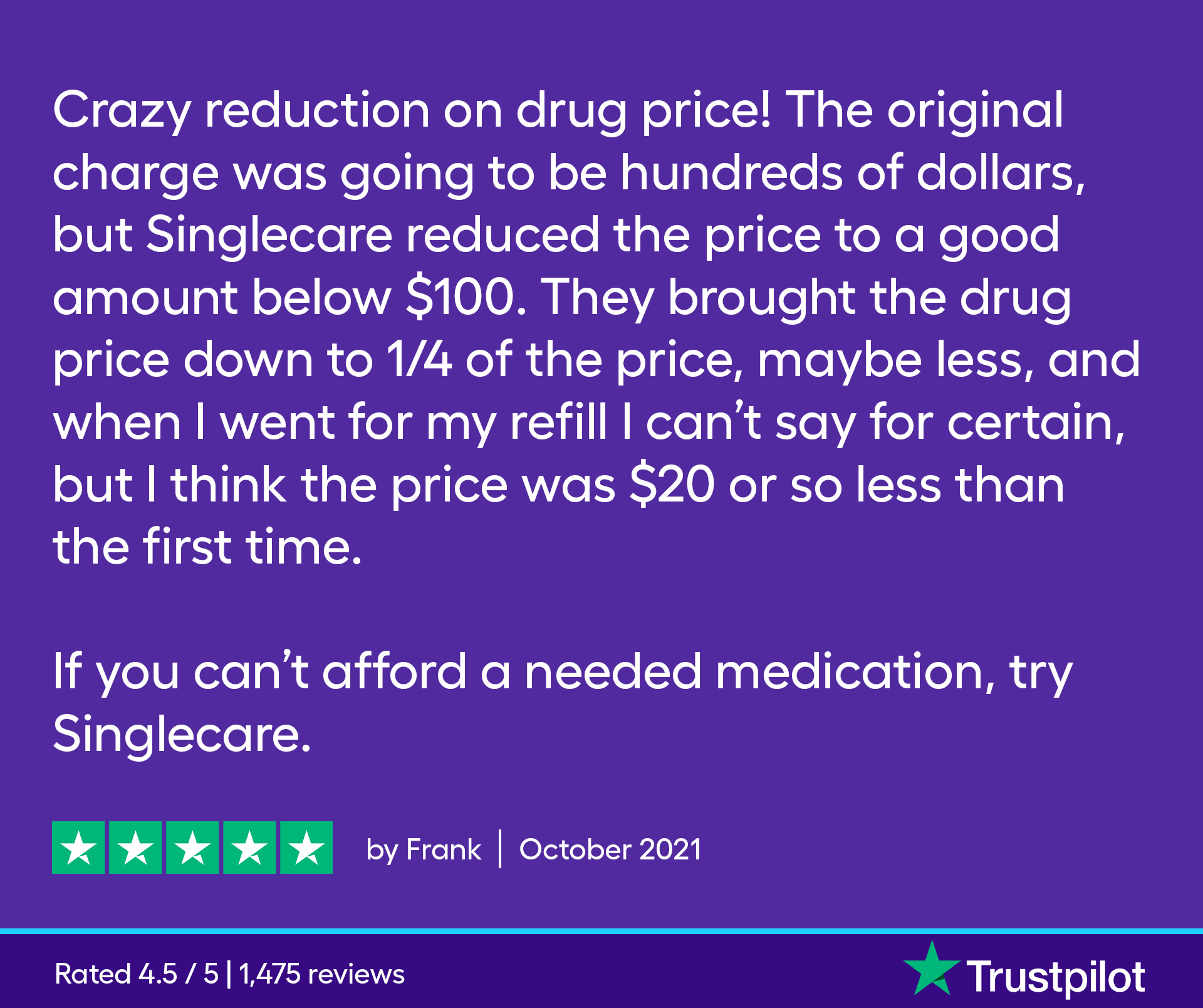 Crazy reduction on drug price! The original charge was going to be hundreds of dollars, but Singlecare reduced the price to a good amount below $100. They brought the drug price down to 1/4 of the price, maybe less, and when I went for my refill I can't say for certain, but I think the price was $20 or so less than the first time. If you can't afford a needed medication, try SingleCare.