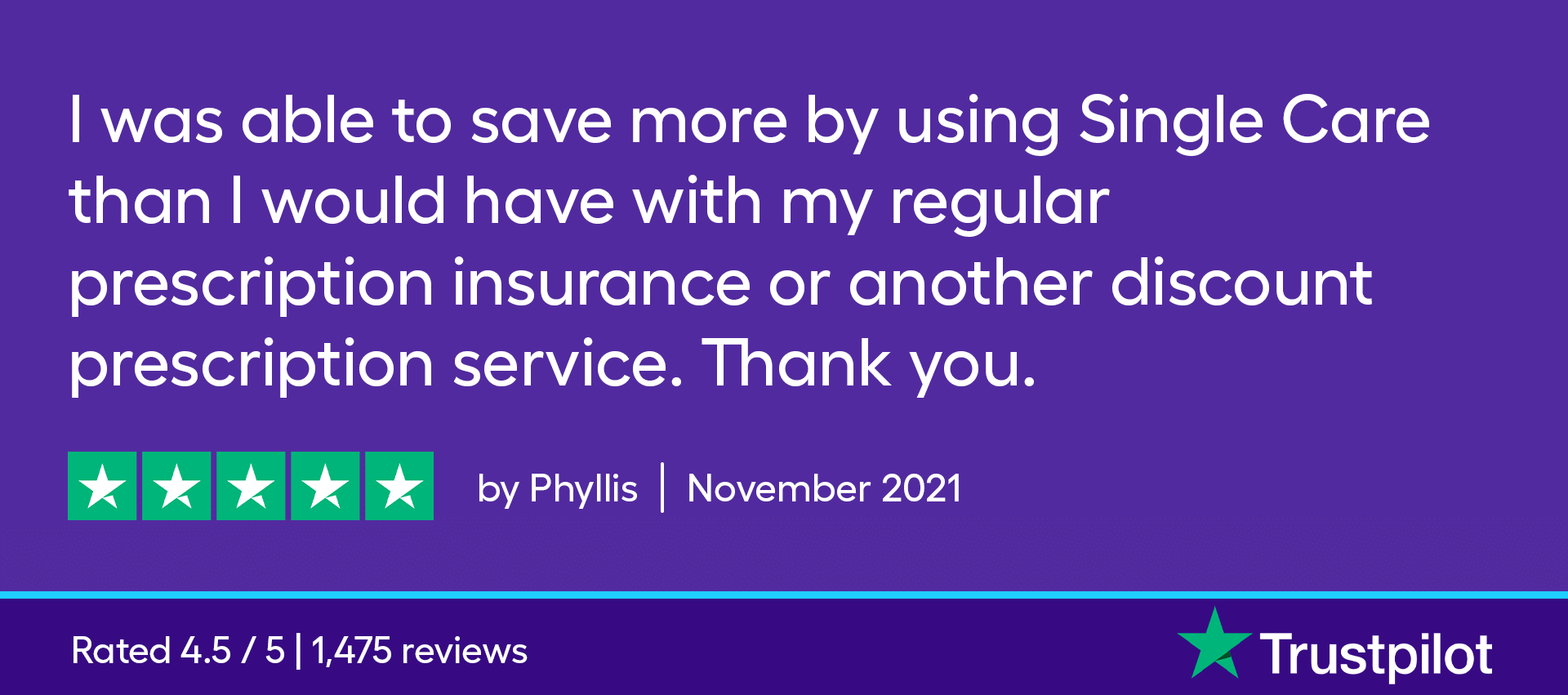 I was able to save more by using SingleCare than I would have with my regular prescription insurance or another discount prescription service. Thank you.