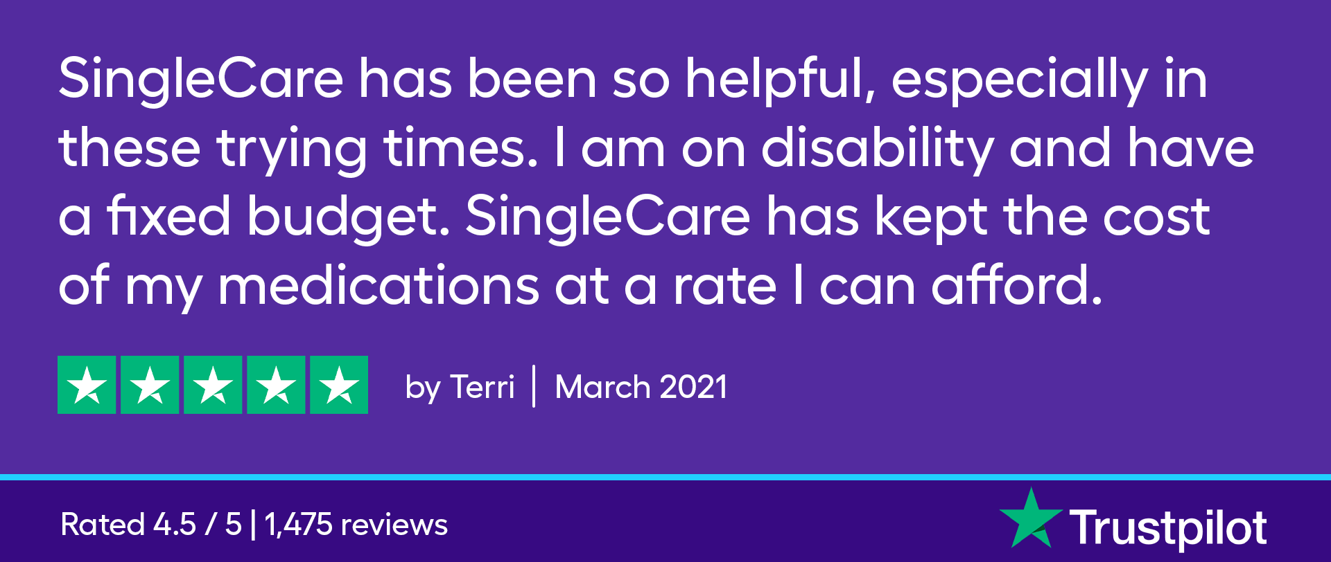 SingleCare has been so helpful, especially in these trying times. I am on disability and have a fixed budget. SingleCare has kept the cost of my medications at a rate I can afford.
