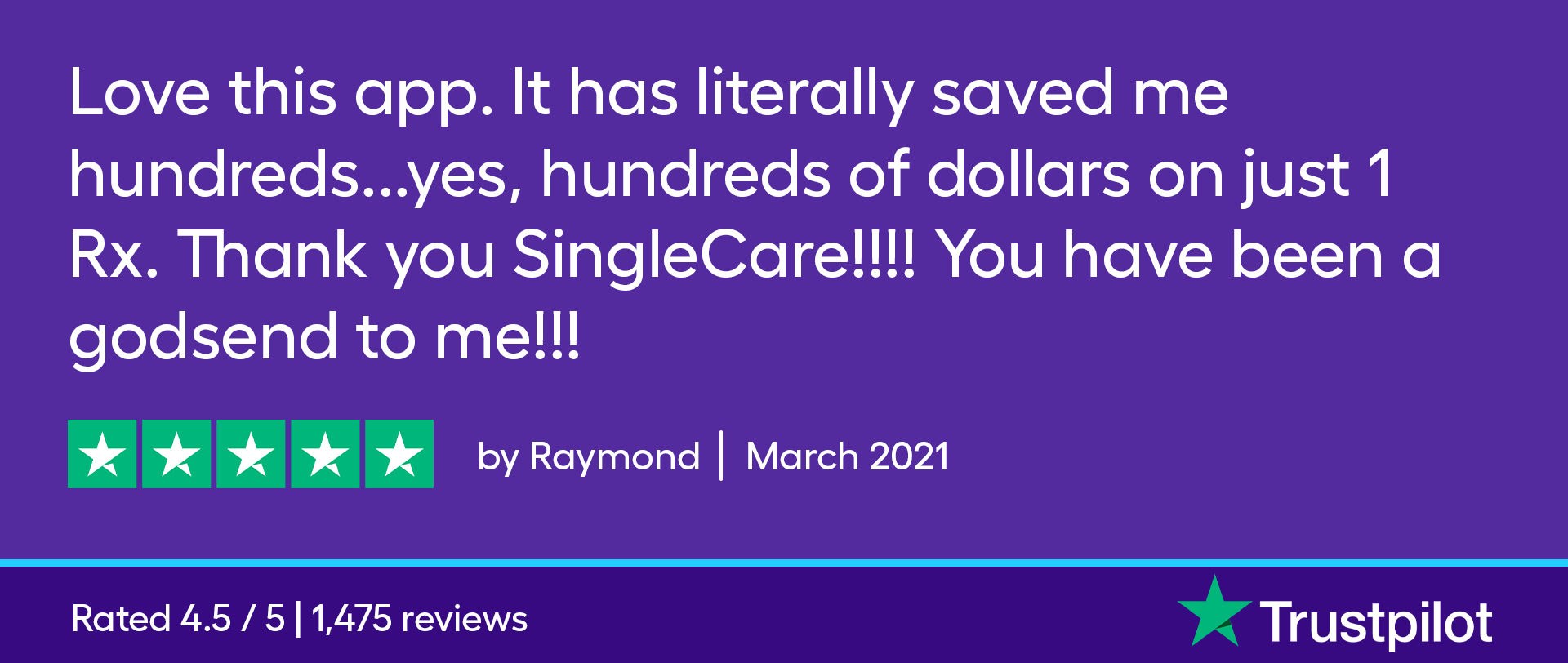 Love this app. It has literally saved me hundreds...yes, hundreds of dollars on just 1 Rx. Thank you SingleCare!!!! You have been a godsend to me!!!