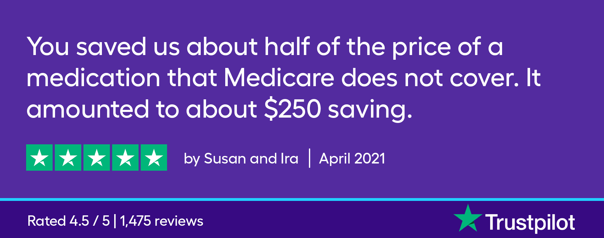 You saved us about half of the price of a medication that Medicare does not cover. It amounted to saving about $250.