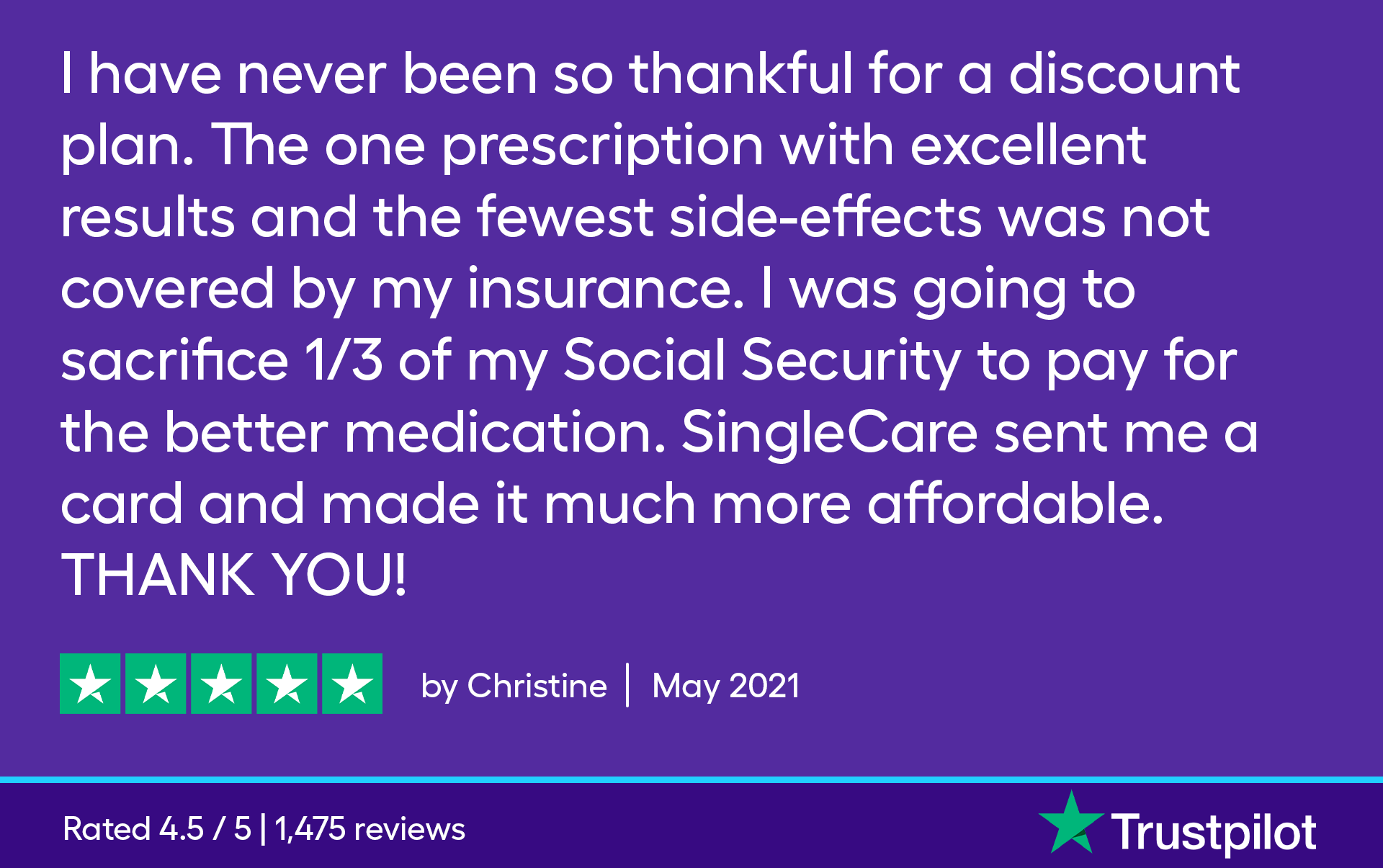 I have never been so thankful for a discount plan. The one prescription with excellent results and the fewest side-effects was not covered by my insurance. I was going to sacrifice 1/3 of my social security to pay for a better medication. SingleCare sent me a card and made it much more affordable. THANK YOU!