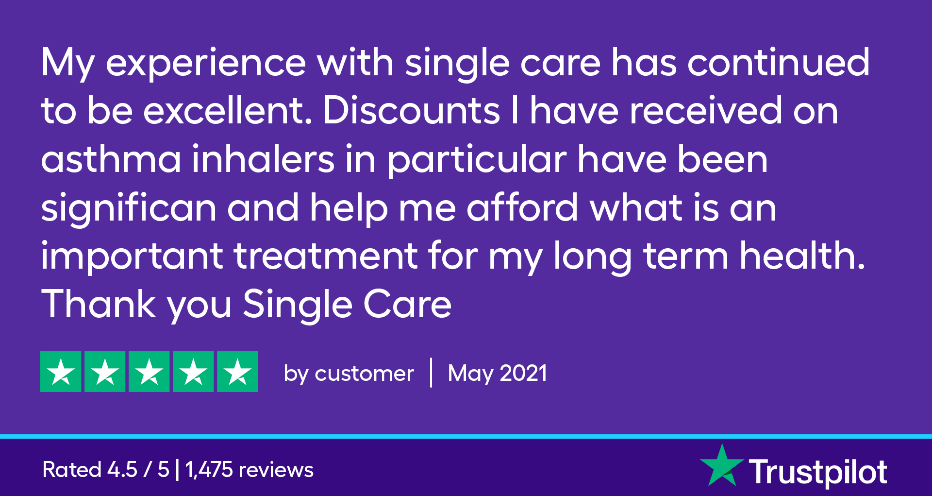 My experience with SingleCare has continued to be excellent. Discounts that I have received on asthma inhalers in particular have been significant and have helped me afford what is an important treatment for my long term health. Thank you SingleCare.