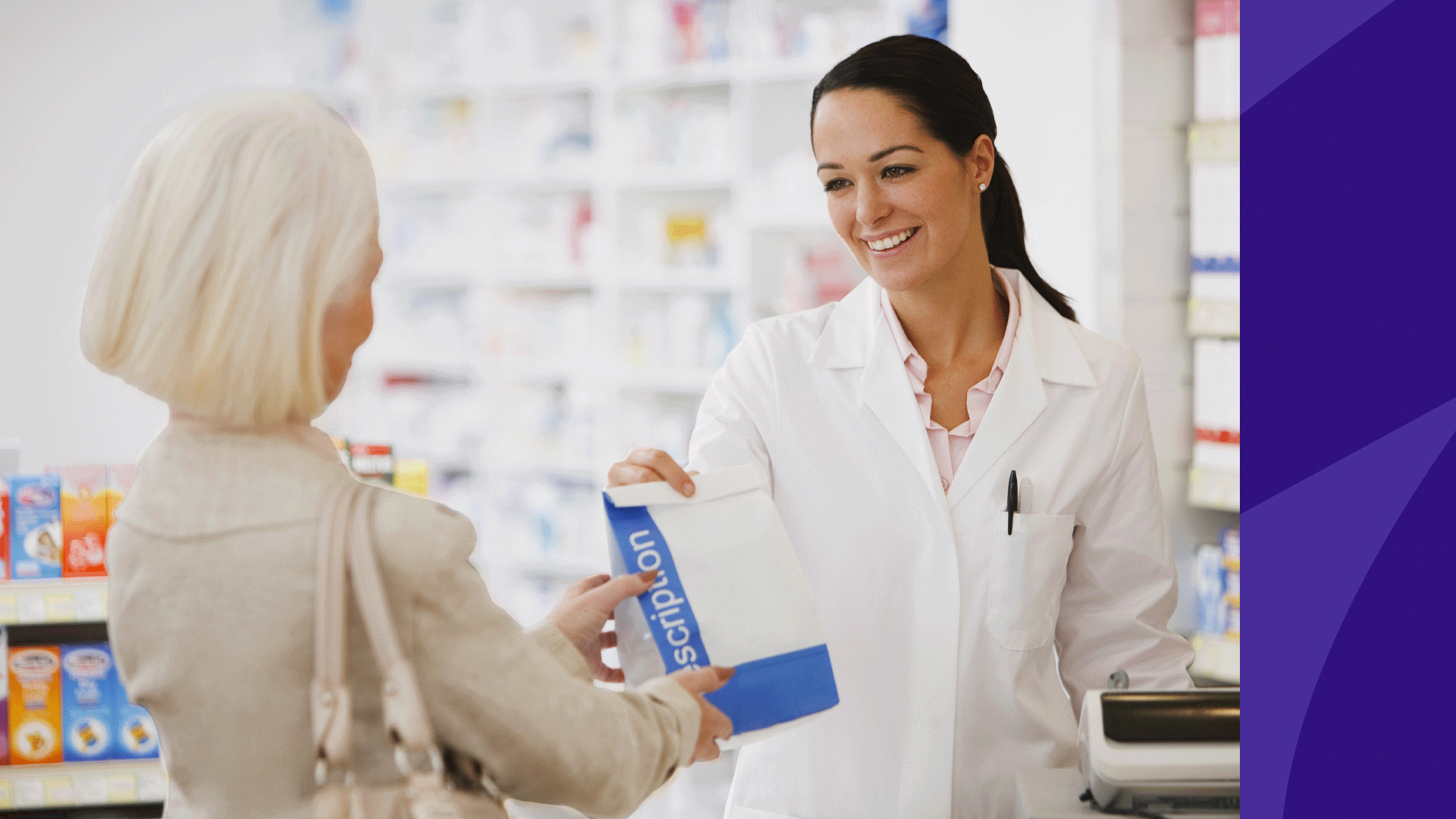 A woman behind the pharmacy counter represents how long it takes to become a pharmacy technician