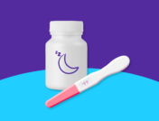 A jar of pills and a pregnancy test represent a sleep aid while pregnant
