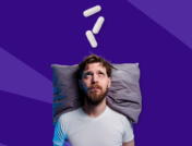 A man in bed with pills above his head represents medications that cause insomnia